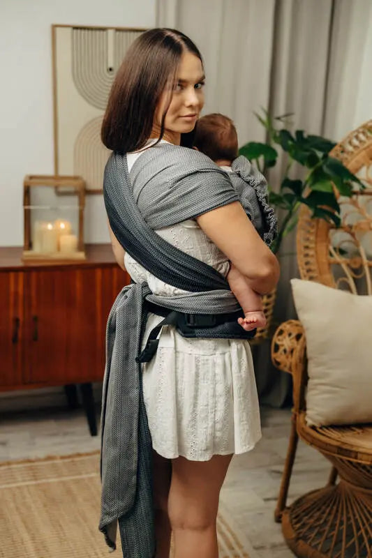 LennyHybrid Half Buckle Carrier, herringbone weave 100% cotton - LITTLE HERRINGBONE OMBRE GREY - Woven Baby Size - Standard   lenny_hybrid    #
