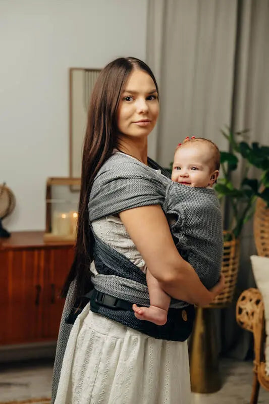 LennyHybrid Half Buckle Carrier, herringbone weave 100% cotton - LITTLE HERRINGBONE OMBRE GREY - Woven Baby Size - Standard   lenny_hybrid    #