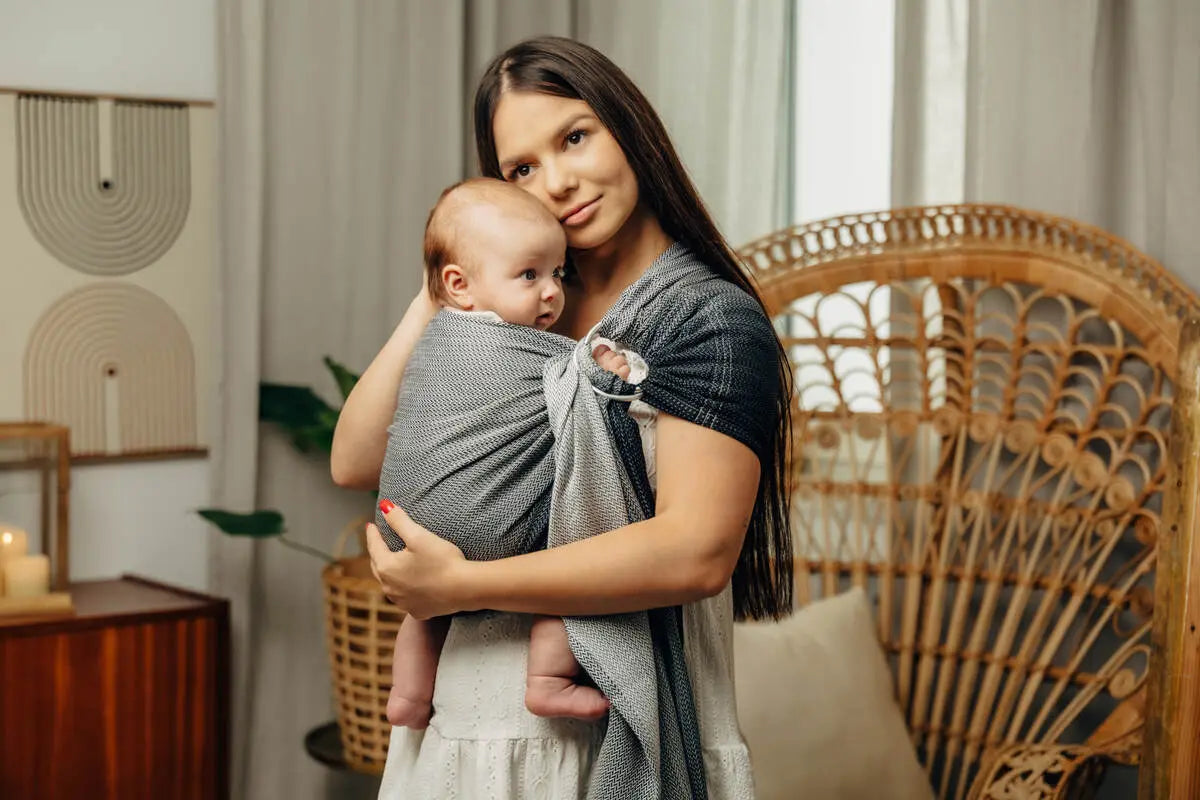 Ring Sling, Jacquard Weave (100% cotton), with gathered shoulder - LITTLE HERRINGBONE OBMRE GREY - standard 1.8m - Woven Baby Title - Default Title   ring_slings    #