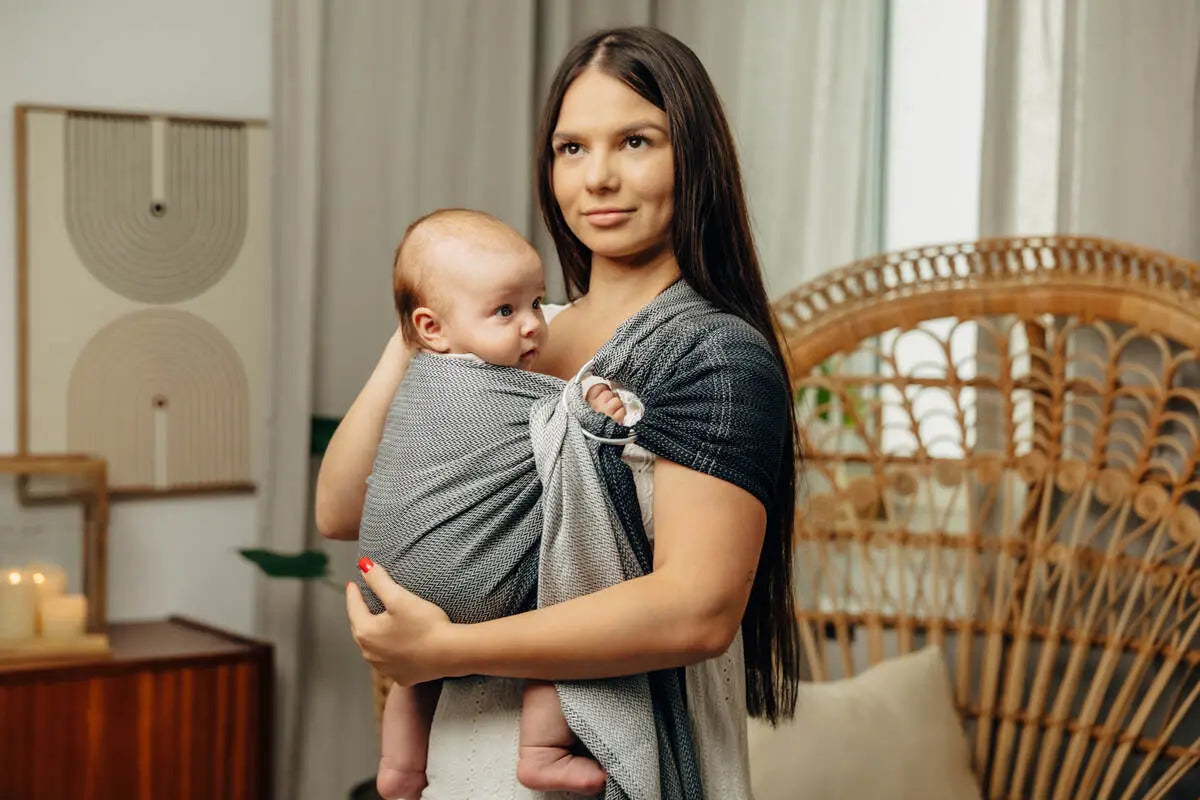 Ring Sling, Jacquard Weave (100% cotton), with gathered shoulder - LITTLE HERRINGBONE OBMRE GREY - standard 1.8m - Woven Baby Title - Default Title   ring_slings    #