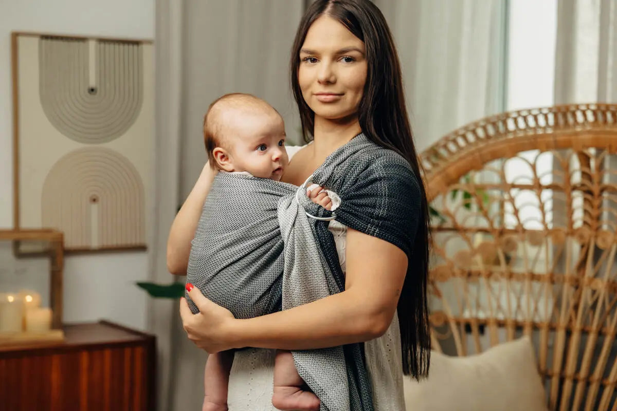 Ring Sling, Jacquard Weave (100% cotton), with gathered shoulder - LITTLE HERRINGBONE OBMRE GREY - standard 1.8m - Woven Baby Title - Default Title   ring_slings    #