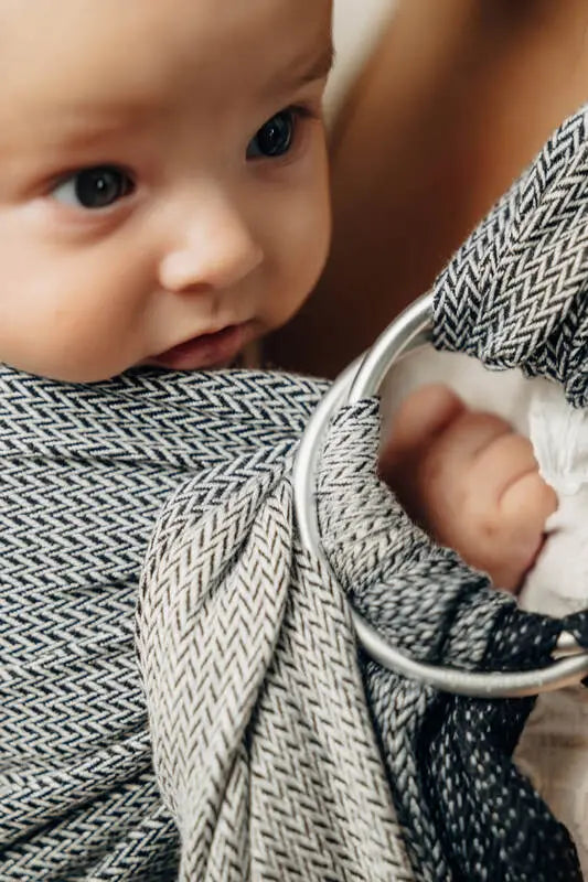 Ring Sling, Jacquard Weave (100% cotton), with gathered shoulder - LITTLE HERRINGBONE OBMRE GREY - standard 1.8m - Woven Baby    ring_slings    #