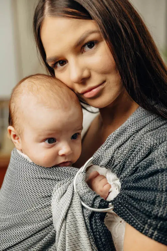 Ring Sling, Jacquard Weave (100% cotton), with gathered shoulder - LITTLE HERRINGBONE OBMRE GREY - standard 1.8m - Woven Baby    ring_slings    #