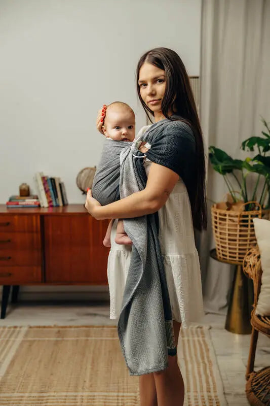 Ring Sling, Jacquard Weave (100% cotton), with gathered shoulder - LITTLE HERRINGBONE OBMRE GREY - standard 1.8m - Woven Baby    ring_slings    #