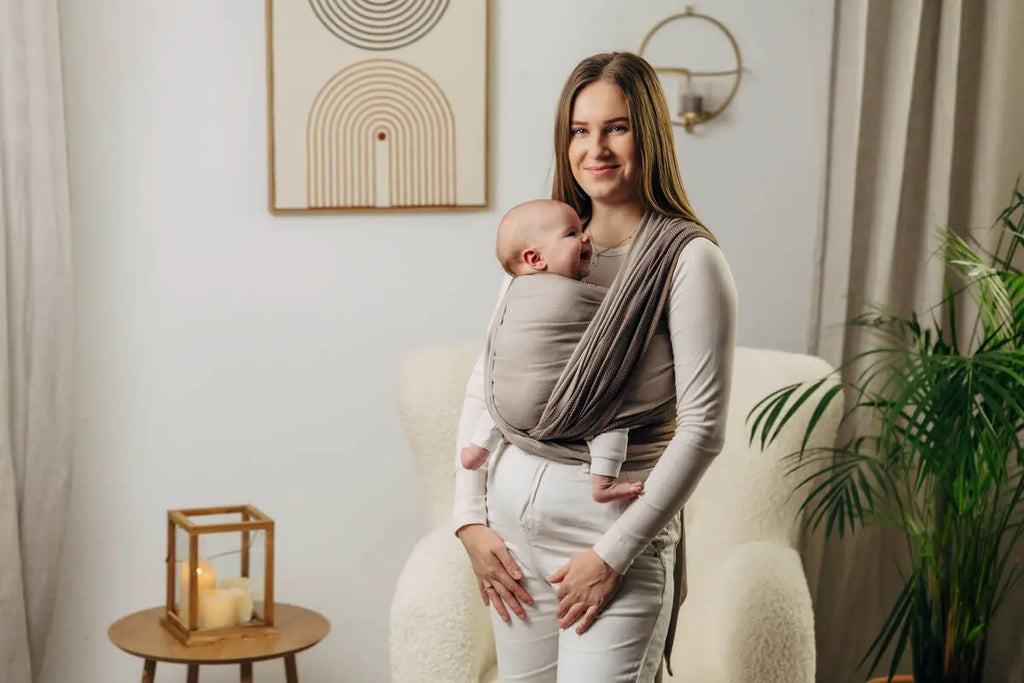 My First Baby Sling, Herringbone Weave (100% cotton) - LITTLE HERRINGBONE BABY CAFFE LATTE - Woven Baby XS - 4   long_woven_wraps    #