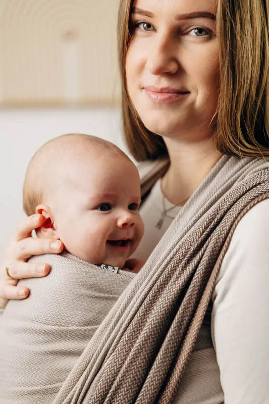 My First Baby Sling, Herringbone Weave (100% cotton) - LITTLE HERRINGBONE BABY CAFFE LATTE - Woven Baby XS - 4   long_woven_wraps    #