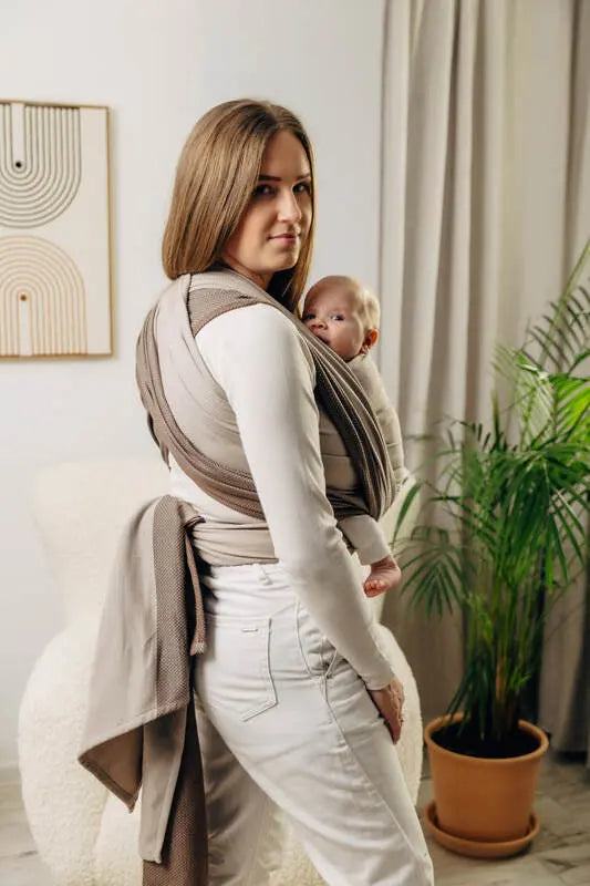My First Baby Sling, Herringbone Weave (100% cotton) - LITTLE HERRINGBONE BABY CAFFE LATTE - Woven Baby XS - 4   long_woven_wraps    #