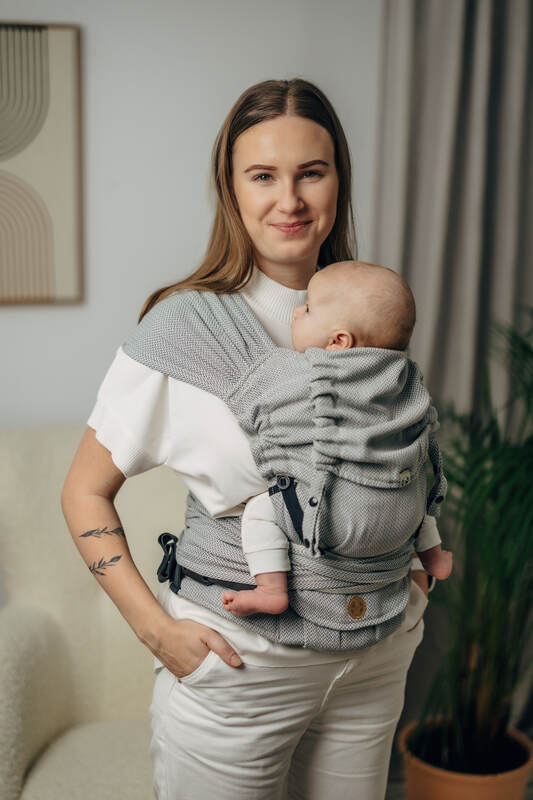 My First Baby Carrier - LennyHybrid Half Buckle, herringbone weave 100% cotton - LITTLE HERRINGBONE GREY