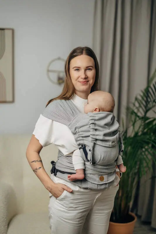 My First Baby Carrier - LennyHybrid Half Buckle, herringbone weave 100% cotton - LITTLE HERRINGBONE GREY - Woven Baby Size - Standard   lenny_hybrid    #