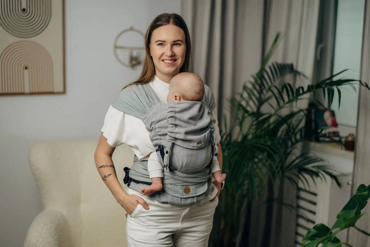 My First Baby Carrier - LennyHybrid Half Buckle, herringbone weave 100% cotton - LITTLE HERRINGBONE GREY - Woven Baby Size - Standard   lenny_hybrid    #