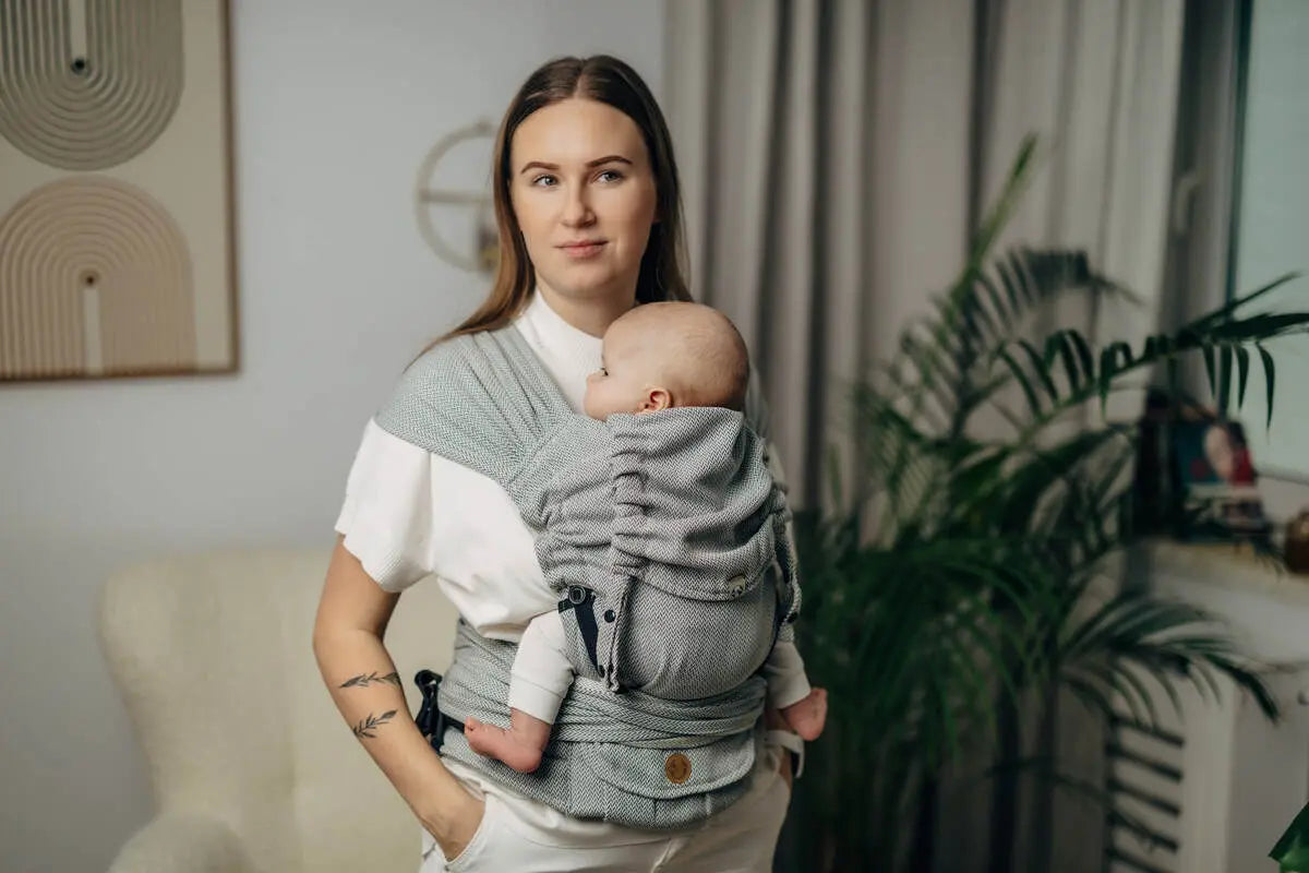 My First Baby Carrier - LennyHybrid Half Buckle, herringbone weave 100% cotton - LITTLE HERRINGBONE GREY - Woven Baby Size - Standard   lenny_hybrid    #