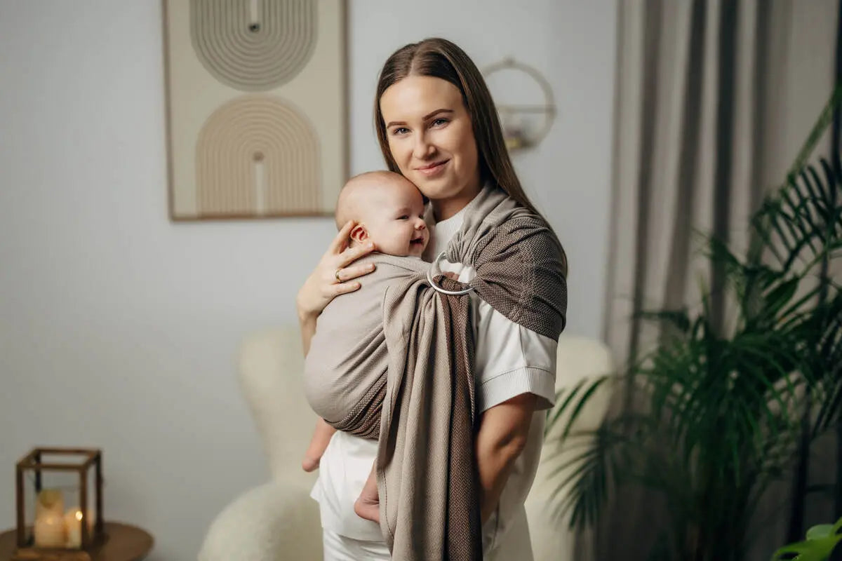 My First Ring Sling, Herringbone Weave (100% cotton) - with gathered shoulder - LITTLE HERRINGBONE BABY CAFFE LATTE - standard 1.8m - Woven Baby Title - Default Title   ring_slings    #