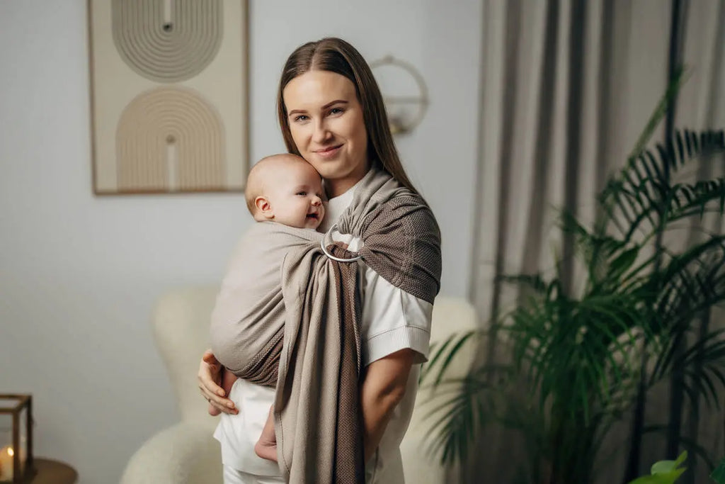My First Ring Sling, Herringbone Weave (100% cotton) - with gathered shoulder - LITTLE HERRINGBONE BABY CAFFE LATTE - standard 1.8m - Woven Baby    ring_slings    #