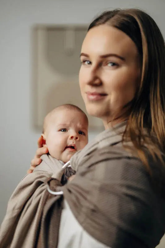 My First Ring Sling, Herringbone Weave (100% cotton) - with gathered shoulder - LITTLE HERRINGBONE BABY CAFFE LATTE - standard 1.8m - Woven Baby    ring_slings    #