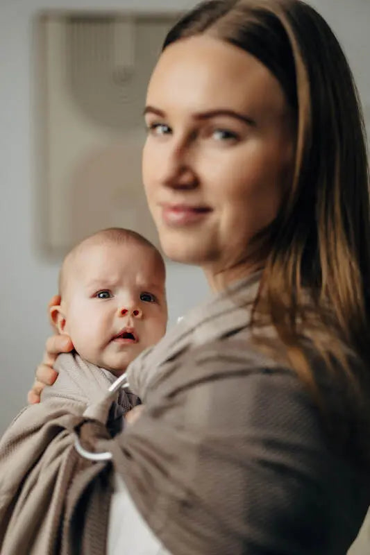 My First Ring Sling, Herringbone Weave (100% cotton) - with gathered shoulder - LITTLE HERRINGBONE BABY CAFFE LATTE - standard 1.8m - Woven Baby    ring_slings    #