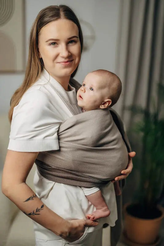 My First Ring Sling, Herringbone Weave (100% cotton) - with gathered shoulder - LITTLE HERRINGBONE BABY CAFFE LATTE - standard 1.8m - Woven Baby    ring_slings    #