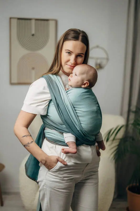 My First Baby Sling, Herringbone Weave (100% cotton) - LITTLE HERRINGBONE BABY MINT (grade B) - Woven Baby M - 6   long_woven_wraps    #