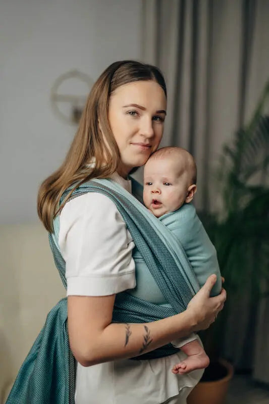 My First Baby Sling, Herringbone Weave (100% cotton) - LITTLE HERRINGBONE BABY MINT - Woven Baby XS - 4   long_woven_wraps    #