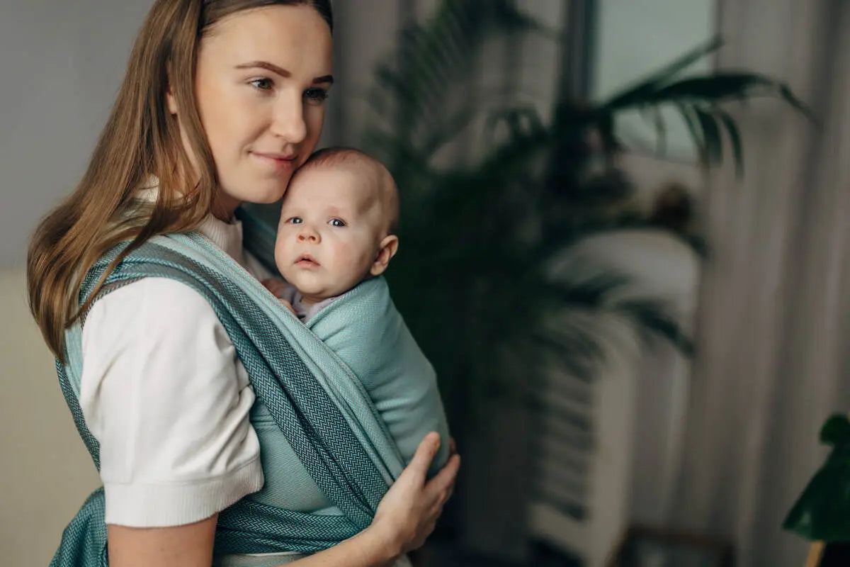 My First Baby Sling, Herringbone Weave (100% cotton) - LITTLE HERRINGBONE BABY MINT - Woven Baby XS - 4   long_woven_wraps    #