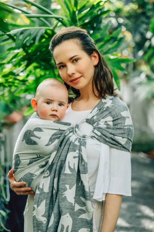 Ring Sling, Jacquard Weave (68% cotton 16% linen 16% modal), with gathered shoulder - BIRDY - WHITE NOISE - standard 1.8m - Woven Baby    ring_slings    #