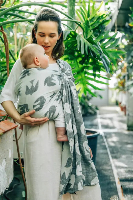 Ring Sling, Jacquard Weave (68% cotton 16% linen 16% modal), with gathered shoulder - BIRDY - WHITE NOISE - standard 1.8m - Woven Baby    ring_slings    #