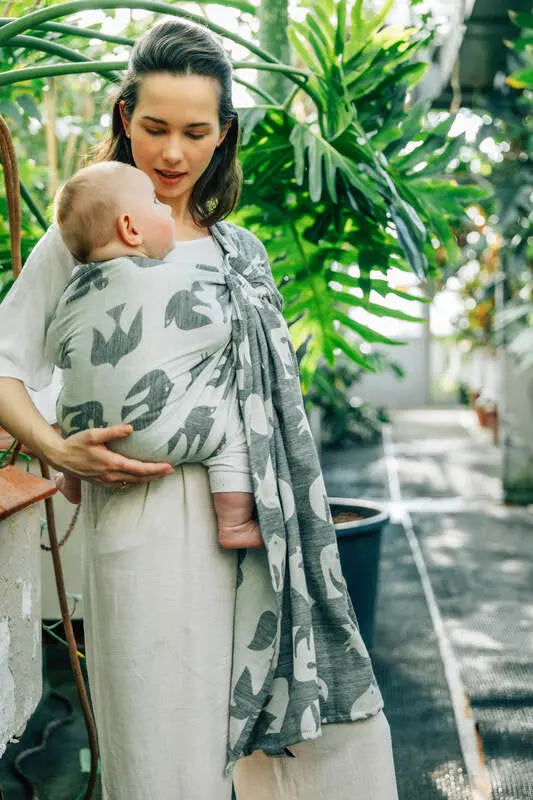 Ring Sling, Jacquard Weave (68% cotton 16% linen 16% modal), with gathered shoulder - BIRDY - WHITE NOISE - standard 1.8m - Woven Baby    ring_slings    #