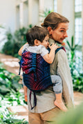 Lenny Buckle Onbuhimo PRO baby carrier, jacquard weave (60% cotton, 28% merino wool, 8% silk, 4% cashmere) - PEACOCK'S TAIL - BLACK OPAL