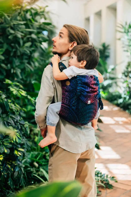 Lenny Buckle Onbuhimo PRO baby carrier, jacquard weave (60% cotton, 28% merino wool, 8% silk, 4% cashmere) - PEACOCK'S TAIL - BLACK OPAL - Woven Baby Standard   buckle_onbu_pro_carriers    #
