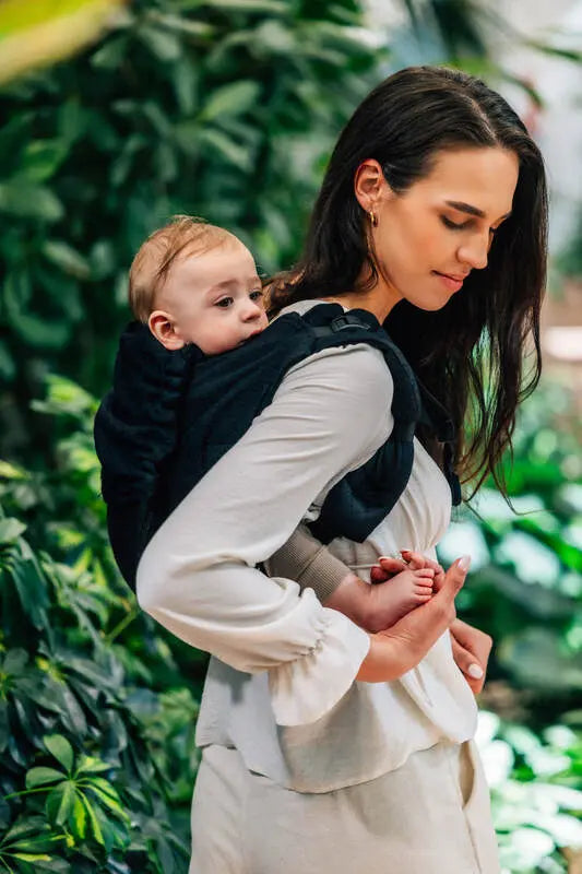 Lenny Buckle Onbuhimo PRO baby carrier, jacquard weave (59% cotton, 41% merino wool) - PEACOCK'S TAIL - PITCH BLACK - Woven Baby Preschool   buckle_onbu_pro_carriers    #
