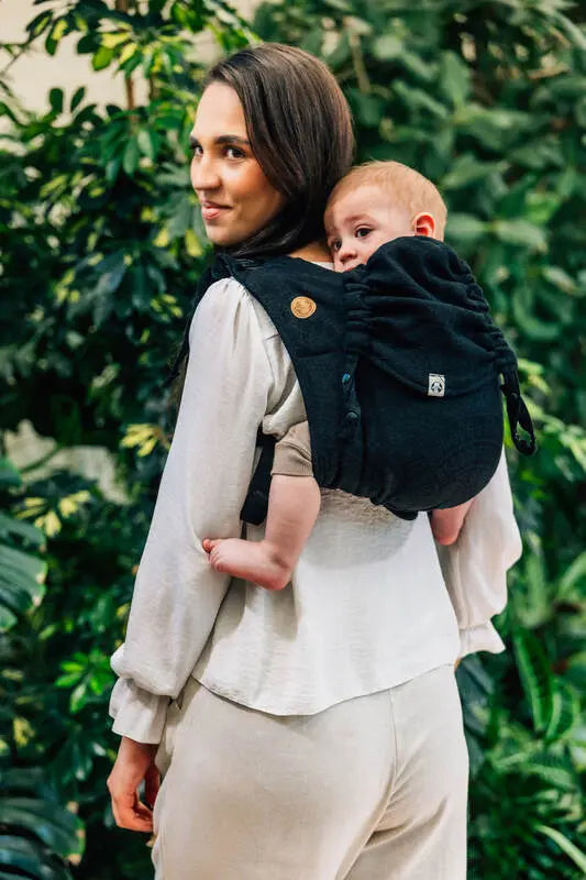 Lenny Buckle Onbuhimo PRO baby carrier, jacquard weave (59% cotton, 41% merino wool) - PEACOCK'S TAIL - PITCH BLACK - Woven Baby Preschool   buckle_onbu_pro_carriers    #