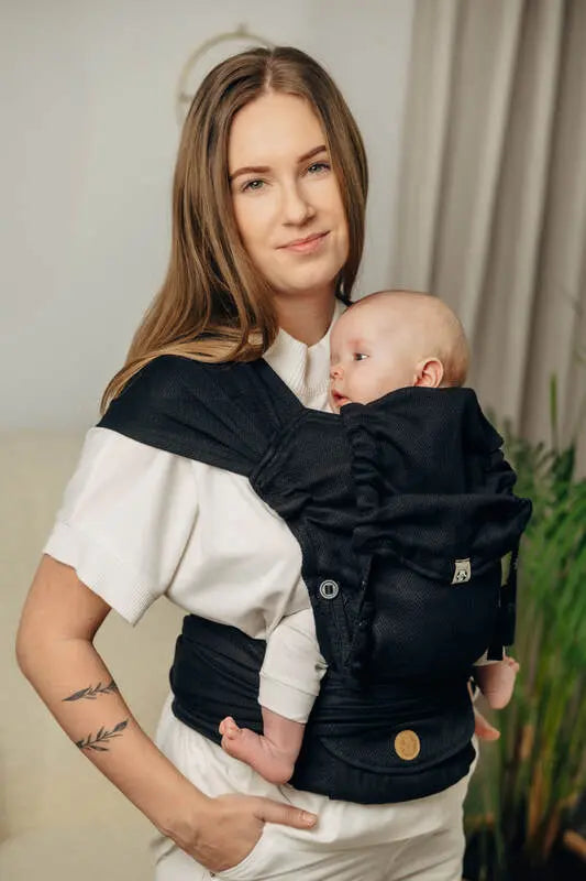 My First Baby Carrier - LennyHybrid Half Buckle, herringbone weave 100% cotton - LITTLE HERRINGBONE EBONY BLACK - Woven Baby Size - Standard   lenny_hybrid    #