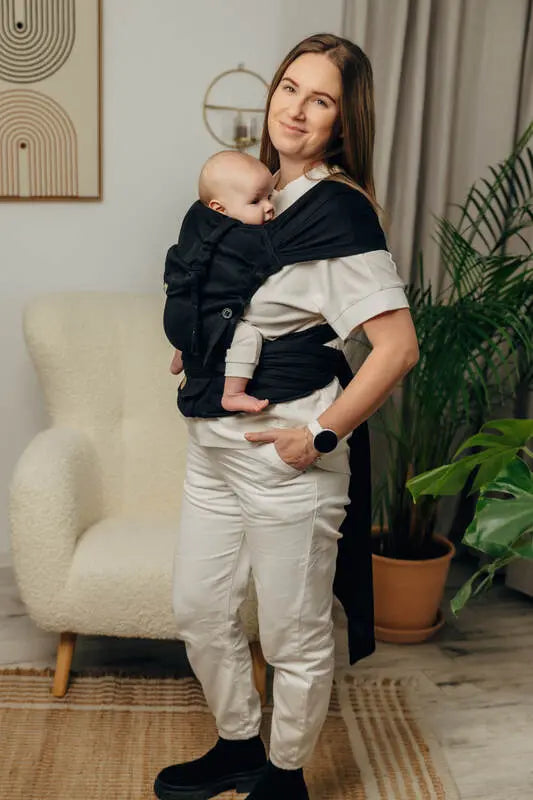 My First Baby Carrier - LennyHybrid Half Buckle, herringbone weave 100% cotton - LITTLE HERRINGBONE EBONY BLACK - Woven Baby Size - Standard   lenny_hybrid    #
