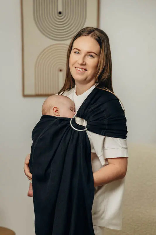 Ring Sling, Herringbone Weave (100% cotton) - with gathered shoulder - LITTLE HERRINGBONE EBONY BLACK - standard 1.8m - Woven Baby    ring_slings    #