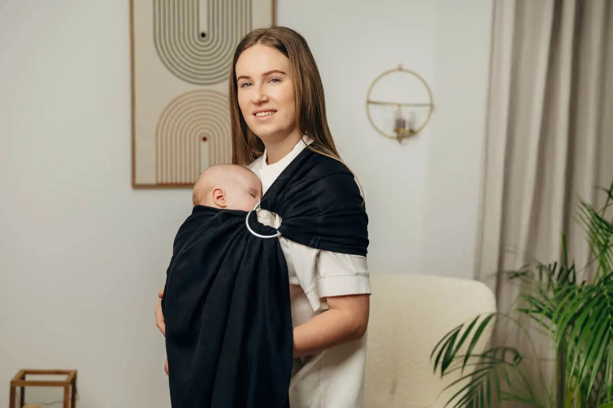 Ring Sling, Herringbone Weave (100% cotton) - with gathered shoulder - LITTLE HERRINGBONE EBONY BLACK - standard 1.8m - Woven Baby Title - Default Title   ring_slings    #