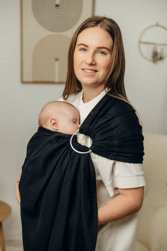 Ring Sling, Herringbone Weave (100% cotton) - with gathered shoulder - LITTLE HERRINGBONE EBONY BLACK - standard 1.8m - Woven Baby Title - Default Title   ring_slings    #