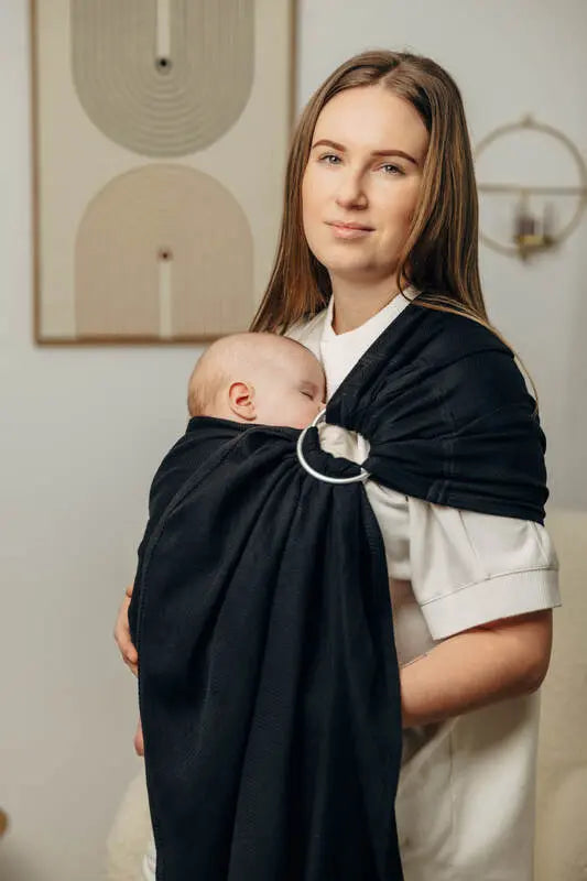 Ring Sling, Herringbone Weave (100% cotton) - with gathered shoulder - LITTLE HERRINGBONE EBONY BLACK - standard 1.8m - Woven Baby    ring_slings    #