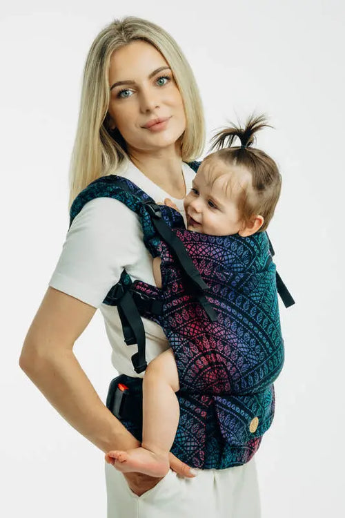 LennyUpGrade PRO Carrier, jacquard weave (60% cotton, 28% merino wool, 8% silk, 4% cashmere) - PEACOCK'S TAIL - BLACK OPAL - Woven Baby Size - Standard   lenny_upgrade_pro    #