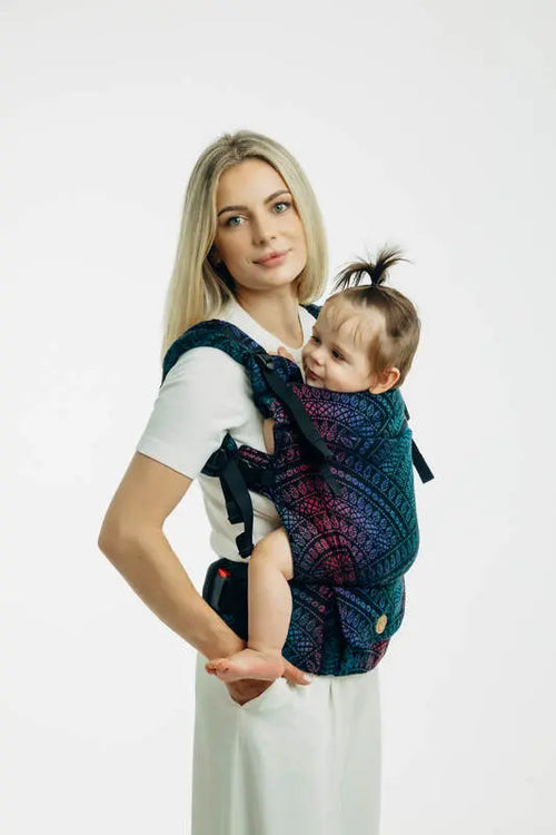 LennyUpGrade PRO Carrier, jacquard weave (60% cotton, 28% merino wool, 8% silk, 4% cashmere) - PEACOCK'S TAIL - BLACK OPAL - Woven Baby Size - Standard   lenny_upgrade_pro    #