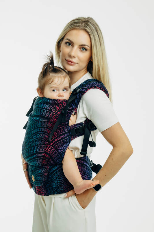 LennyUpGrade PRO Carrier, jacquard weave (60% cotton, 28% merino wool, 8% silk, 4% cashmere) - PEACOCK'S TAIL - BLACK OPAL - Woven Baby Size - Standard   lenny_upgrade_pro    #