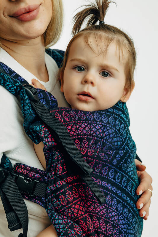 LennyUpGrade PRO Carrier, jacquard weave (60% cotton, 28% merino wool, 8% silk, 4% cashmere) - PEACOCK'S TAIL - BLACK OPAL - Woven Baby Size - Standard   lenny_upgrade_pro    #