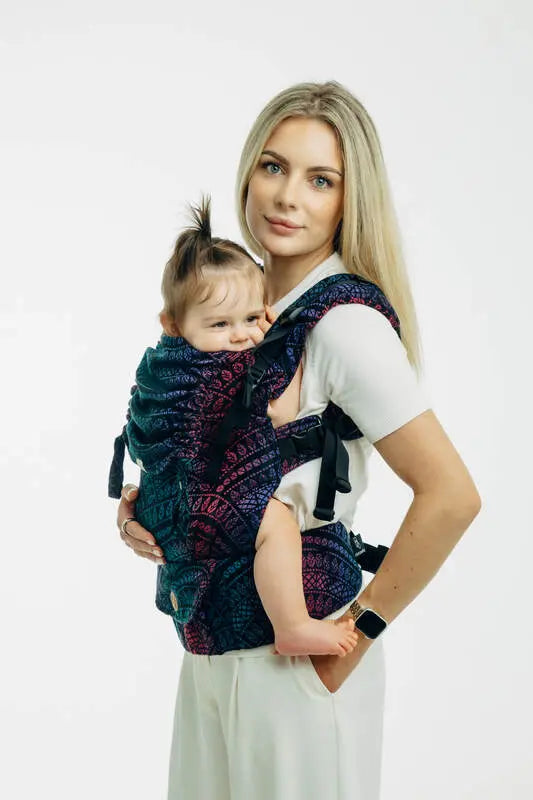 LennyUpGrade PRO Carrier, jacquard weave (60% cotton, 28% merino wool, 8% silk, 4% cashmere) - PEACOCK'S TAIL - BLACK OPAL - Woven Baby Standard   lenny_upgrade_pro    #