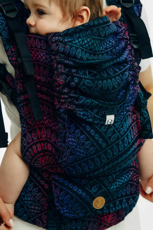 LennyUpGrade PRO Carrier, jacquard weave (60% cotton, 28% merino wool, 8% silk, 4% cashmere) - PEACOCK'S TAIL - BLACK OPAL - Woven Baby Standard   lenny_upgrade_pro    #