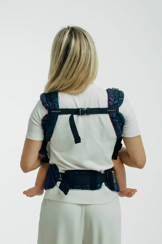 LennyUpGrade PRO Carrier, jacquard weave (60% cotton, 28% merino wool, 8% silk, 4% cashmere) - PEACOCK'S TAIL - BLACK OPAL - Woven Baby Standard   lenny_upgrade_pro    #