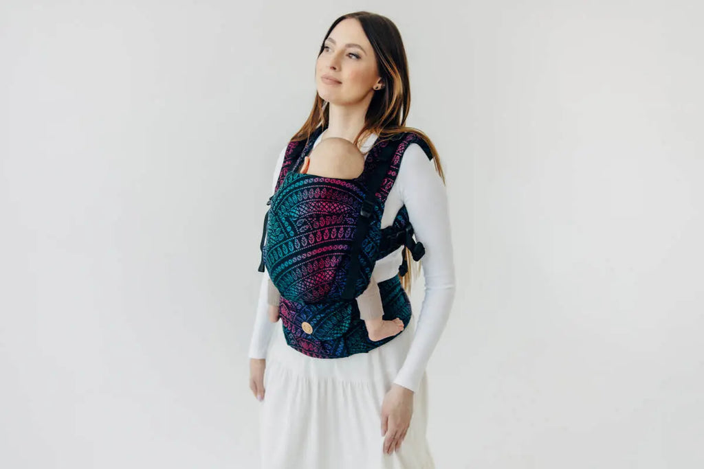 LennyUpGrade PRO Carrier, jacquard weave (60% cotton, 28% merino wool, 8% silk, 4% cashmere) - PEACOCK'S TAIL - BLACK OPAL - Woven Baby Standard   lenny_upgrade_pro    #