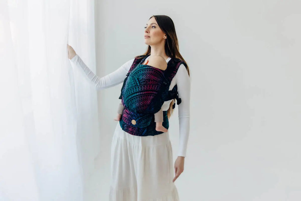 LennyUpGrade PRO Carrier, jacquard weave (60% cotton, 28% merino wool, 8% silk, 4% cashmere) - PEACOCK'S TAIL - BLACK OPAL - Woven Baby Standard   lenny_upgrade_pro    #