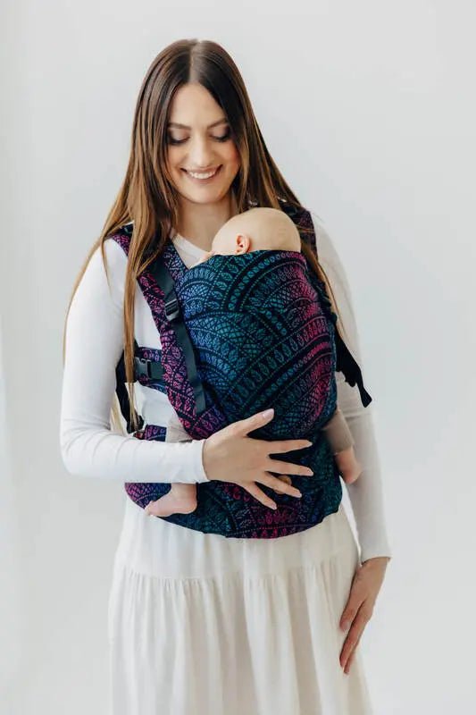 LennyUpGrade PRO Carrier, jacquard weave (60% cotton, 28% merino wool, 8% silk, 4% cashmere) - PEACOCK'S TAIL - BLACK OPAL - Woven Baby Standard   lenny_upgrade_pro    #