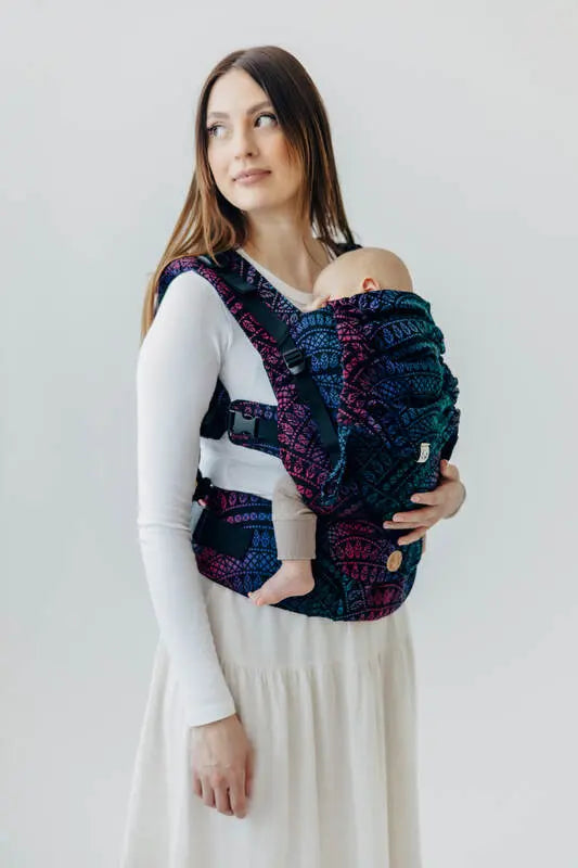 LennyUpGrade PRO Carrier, jacquard weave (60% cotton, 28% merino wool, 8% silk, 4% cashmere) - PEACOCK'S TAIL - BLACK OPAL - Woven Baby Standard   lenny_upgrade_pro    #
