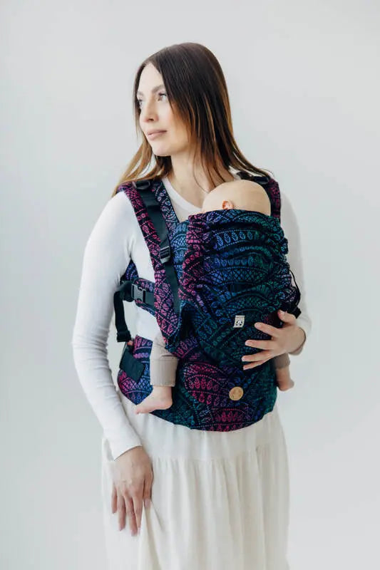 LennyUpGrade PRO Carrier, jacquard weave (60% cotton, 28% merino wool, 8% silk, 4% cashmere) - PEACOCK'S TAIL - BLACK OPAL - Woven Baby Standard   lenny_upgrade_pro    #