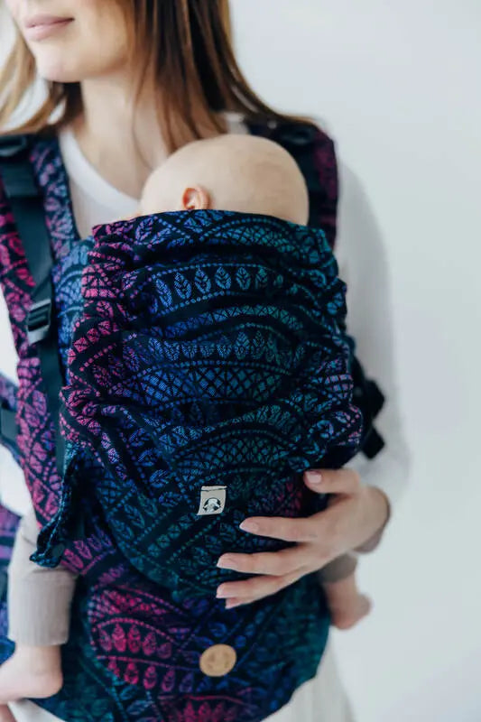 LennyUpGrade PRO Carrier, jacquard weave (60% cotton, 28% merino wool, 8% silk, 4% cashmere) - PEACOCK'S TAIL - BLACK OPAL - Woven Baby Standard   lenny_upgrade_pro    #