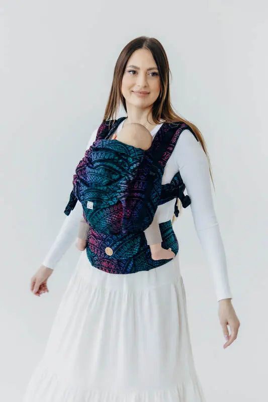 LennyUpGrade PRO Carrier, jacquard weave (60% cotton, 28% merino wool, 8% silk, 4% cashmere) - PEACOCK'S TAIL - BLACK OPAL - Woven Baby Standard   lenny_upgrade_pro    #